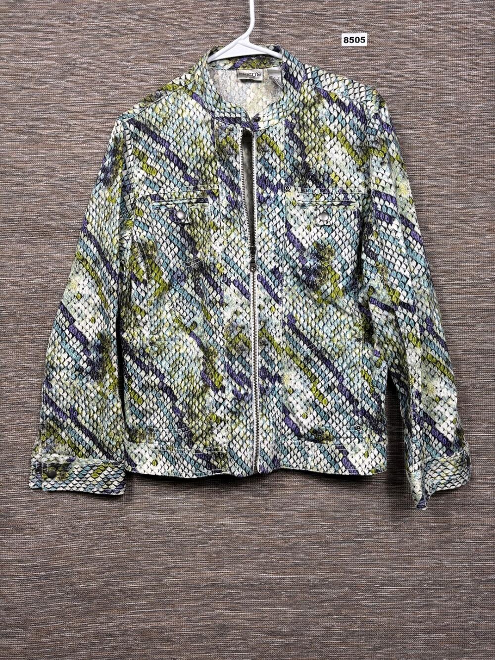 Chico's Snakeskin Jacket Womens Size 2 US L Purple Green Full Zip Front Pockets